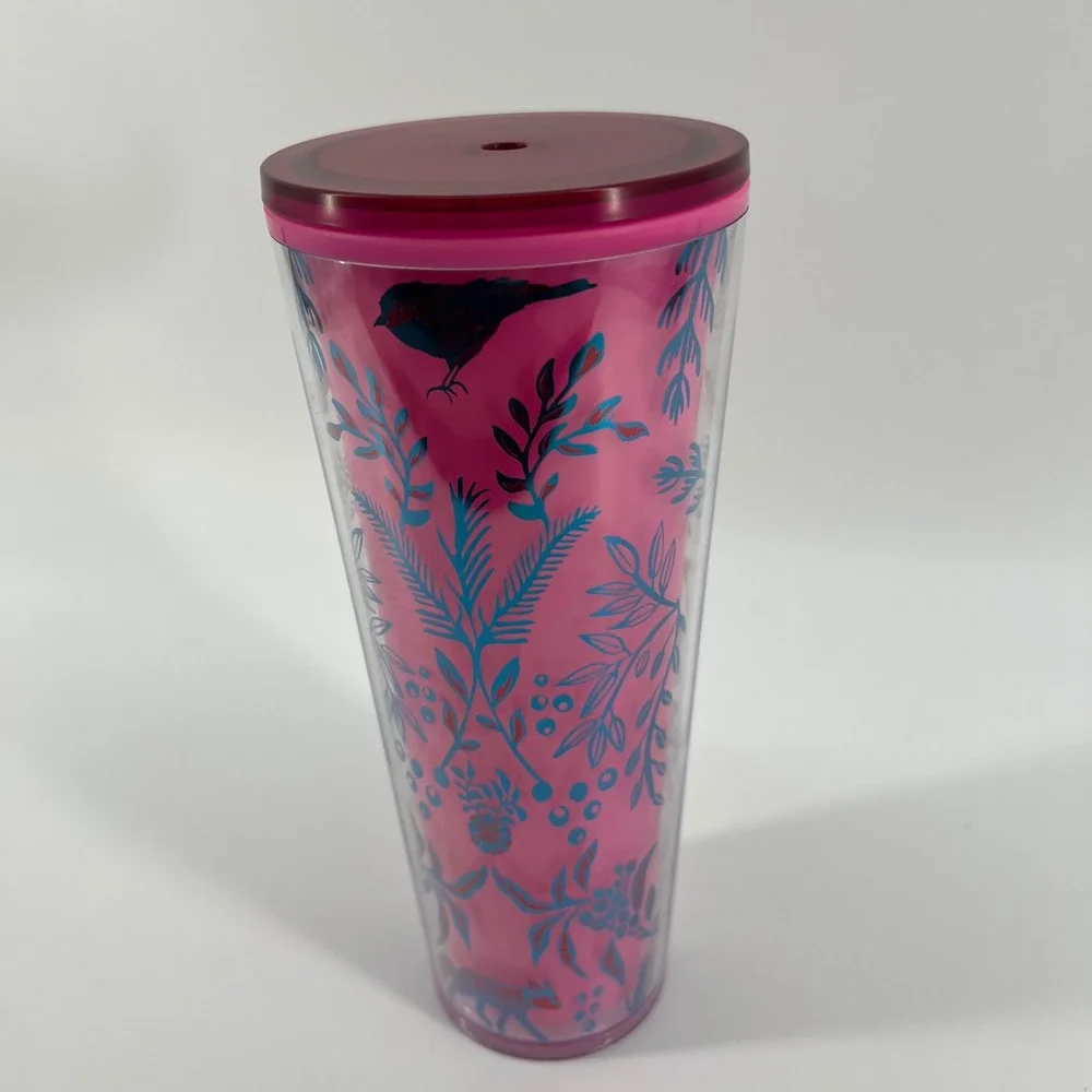 Starbucks Tumbler Pink Plastic Cold Cup 24 oz 2022 Color‎ Changing Woodland Lace